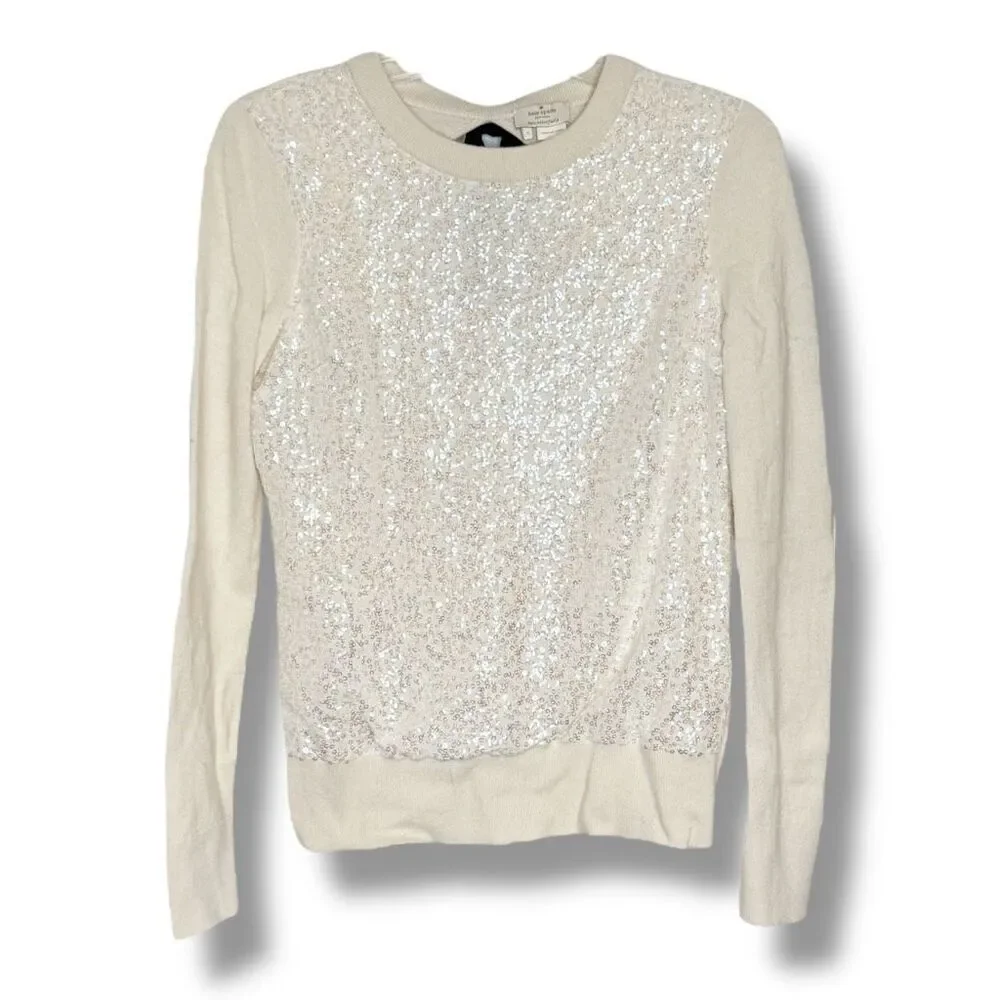 Kate Spade New York Ivory Sequin Front Sweater Keyhole Back Black Satin Bow Sz S